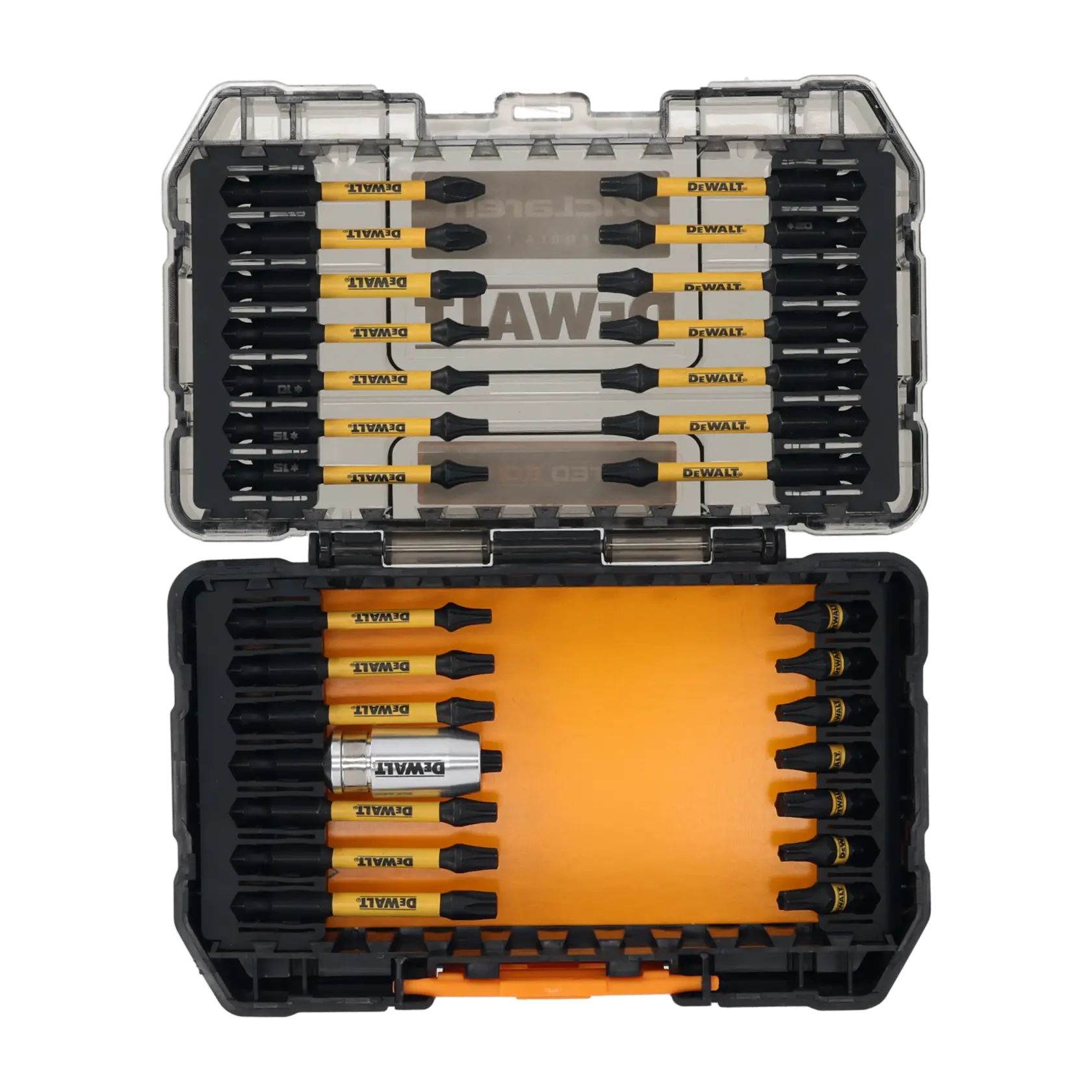 Set de puntas DEWALT en caja plástica, de color amarillo y negro, ordenadas en dos compartimentos.