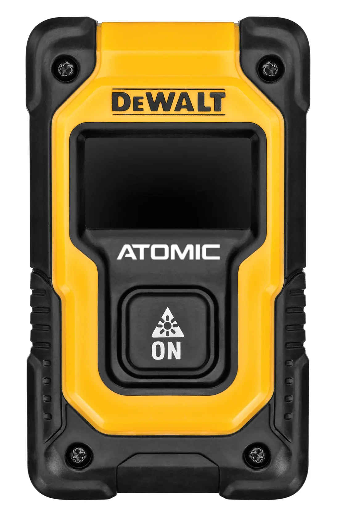 Vista frontal de um dispositivo de medição a laser DEWALT ATOMIC com uma caixa amarela e preta, tela de exibição e botão ON com símbolo de aviso de laser.
