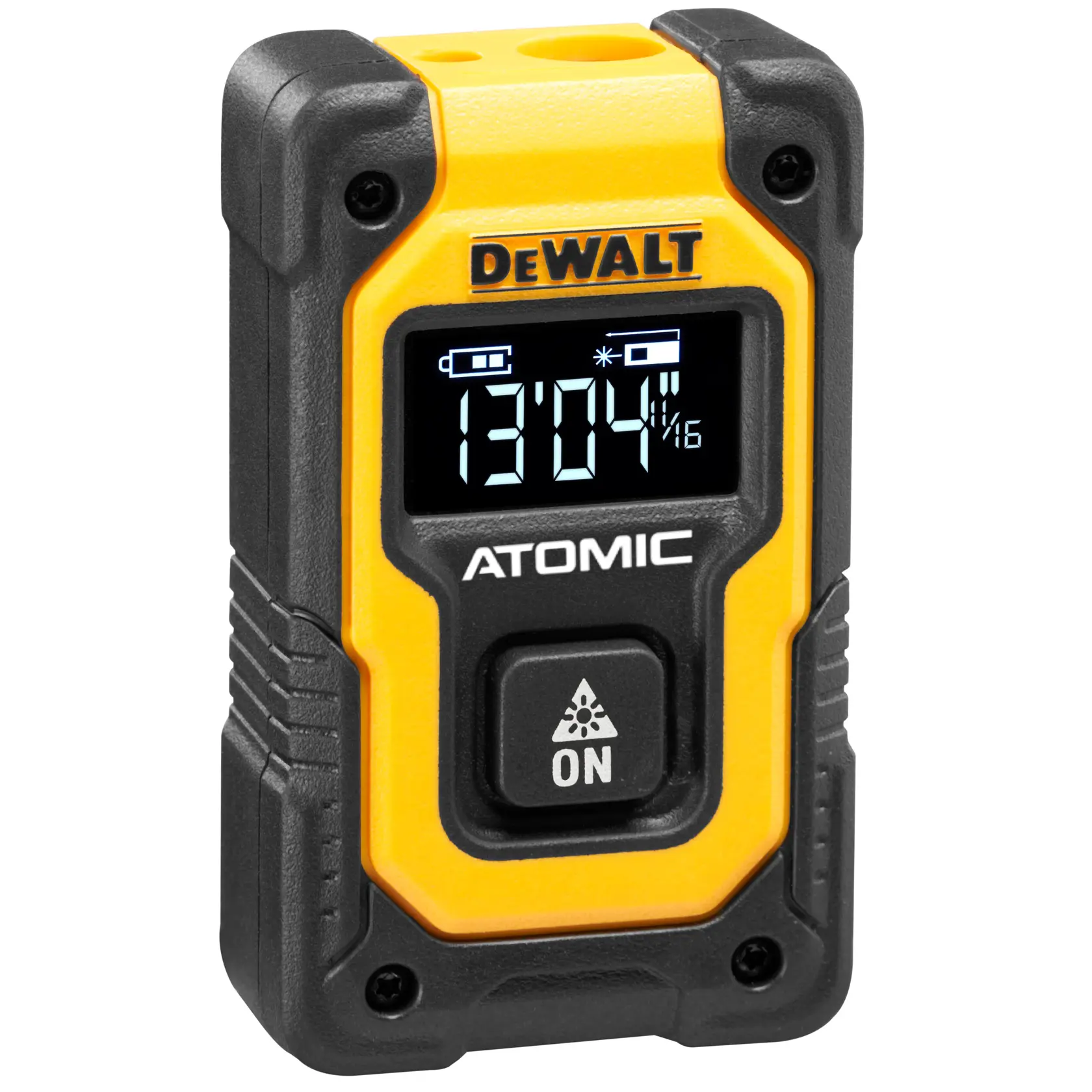 Um medidor de distância a laser amarelo e preto da marca DEWALT com display digital mostrando valores de medição, identificado como 'ATOMIC' e possuindo um botão de ligar.