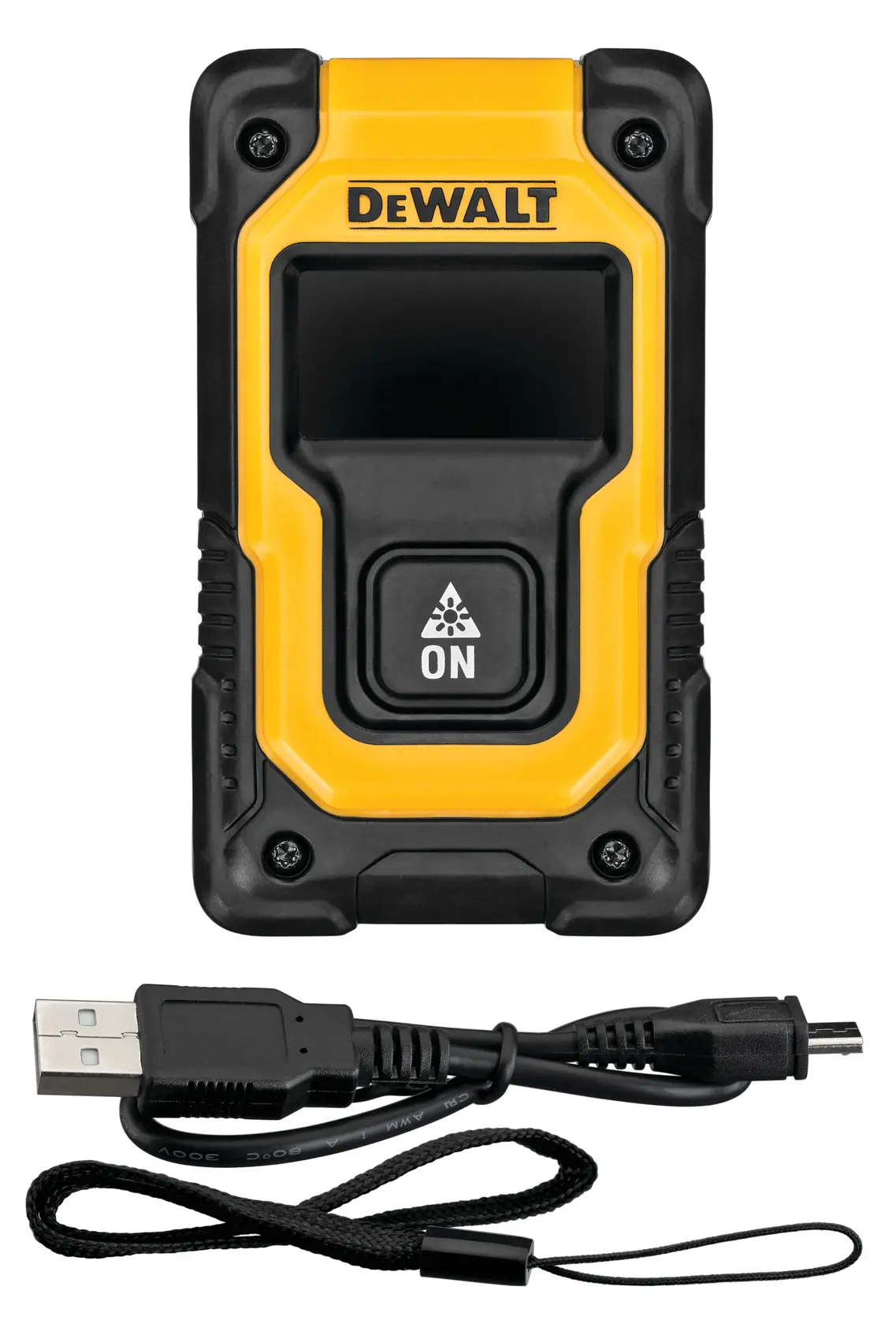Um medidor de distância a laser compacto DEWALT DW055PL em amarelo e preto, mostrado com um cabo de carregamento USB e uma alça de pulso.