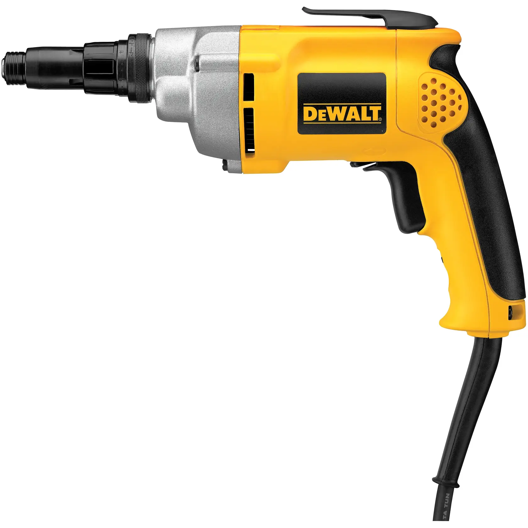 Vista lateral de un destornillador eléctrico DEWALT amarillo y negro con mango con cable.
