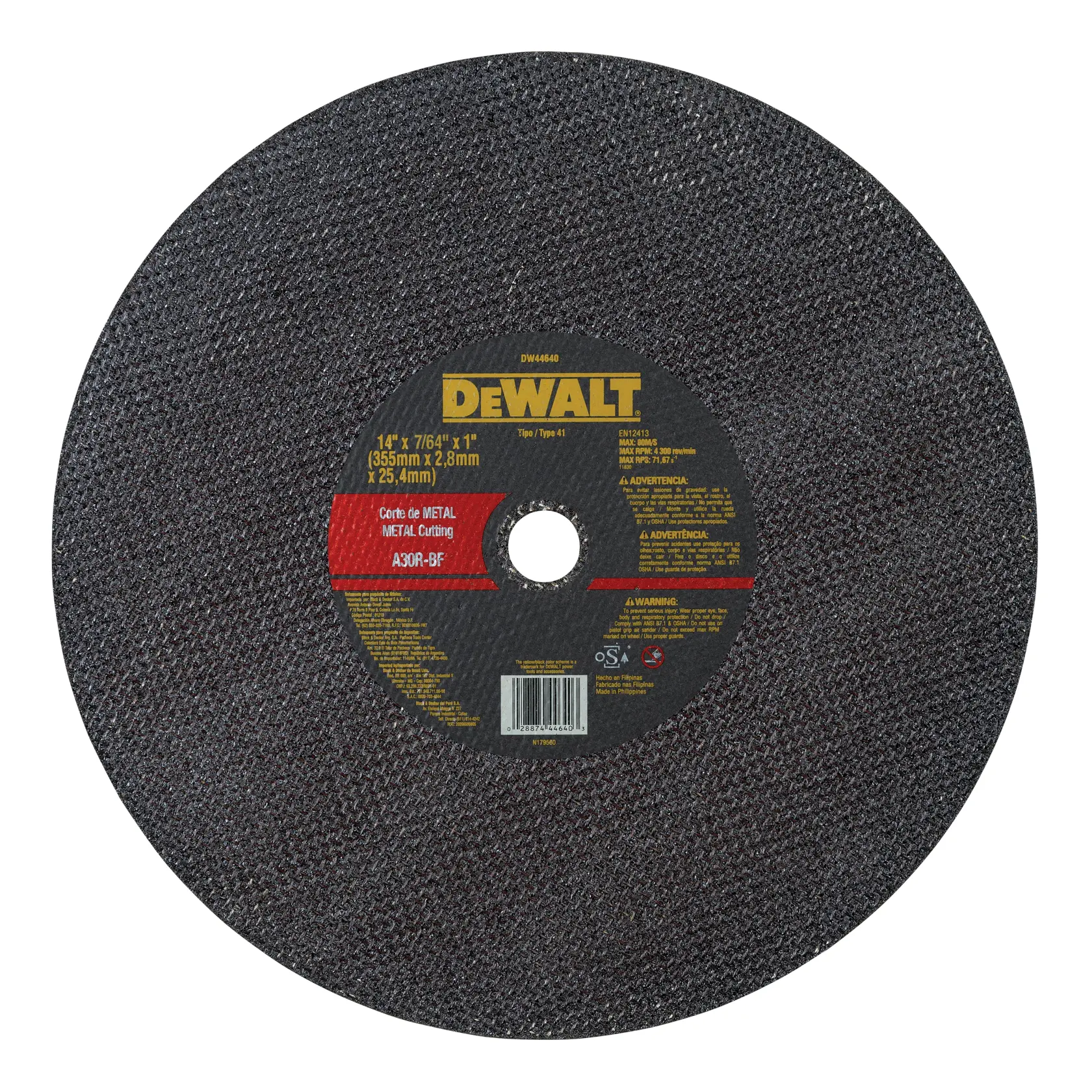 Un disco de corte de metal de la marca DEWALT, de 14 pulgadas de diámetro, mostrado desde una vista superior. El disco es negro con una superficie texturizada y tiene una etiqueta amarilla y negra en el centro con detalles y especificaciones del producto.