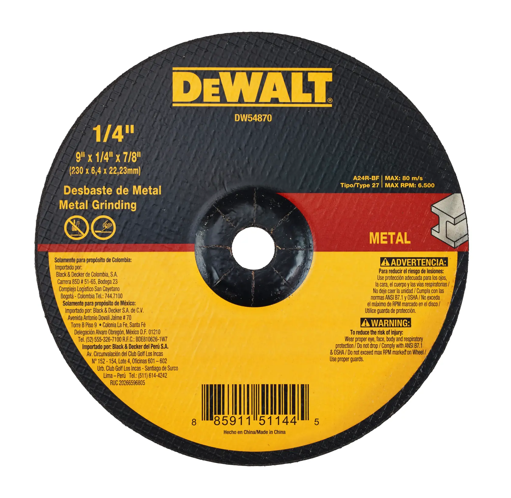 Un disco de desbaste de metal marca DEWALT, modelo DW54870. El disco es circular, principalmente negro con secciones amarillas y rojas, y contiene especificaciones como grosor de 1/4", diámetro de 9", y orificio de 7/8", etiquetado para desbaste de metal. Instrucciones de seguridad y advertencias están impresas junto a un código de barras.