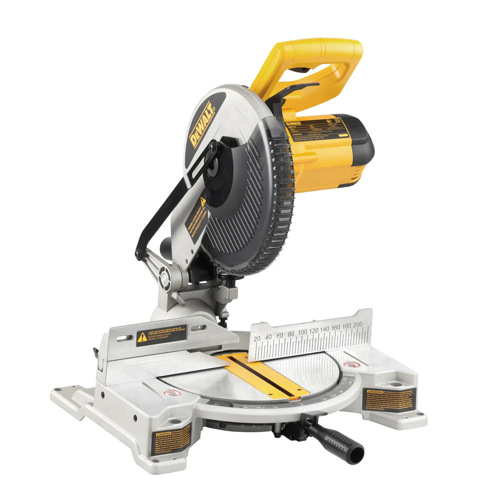 Sierra de inglete DEWALT DW714 con mango amarillo y escala, utilizada para cortes precisos en madera.
