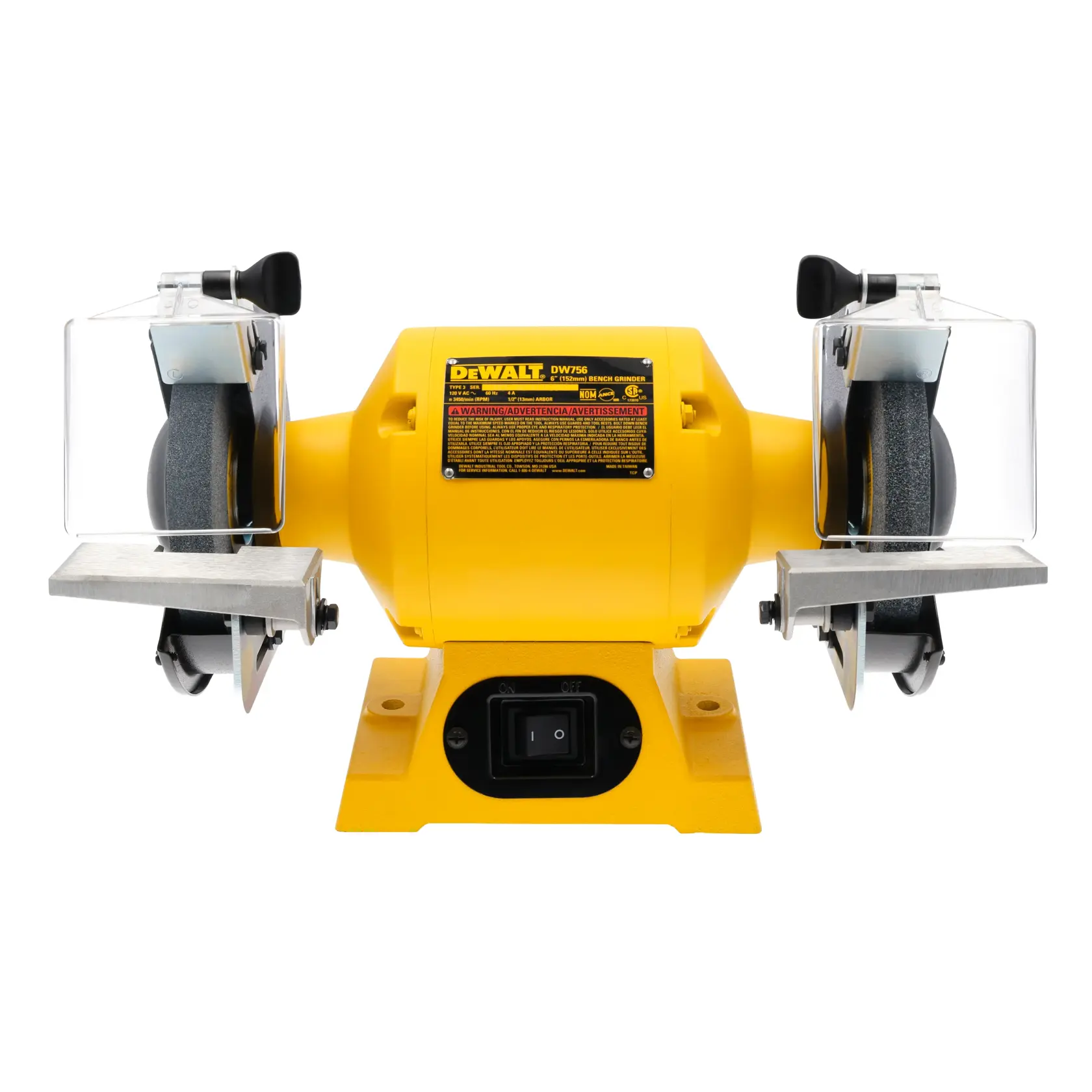 Vista frontal de una amoladora de banco DEWALT DW756 con cuerpo amarillo, dos ruedas de esmerilado a cada lado y protectores transparentes sobre cada rueda.