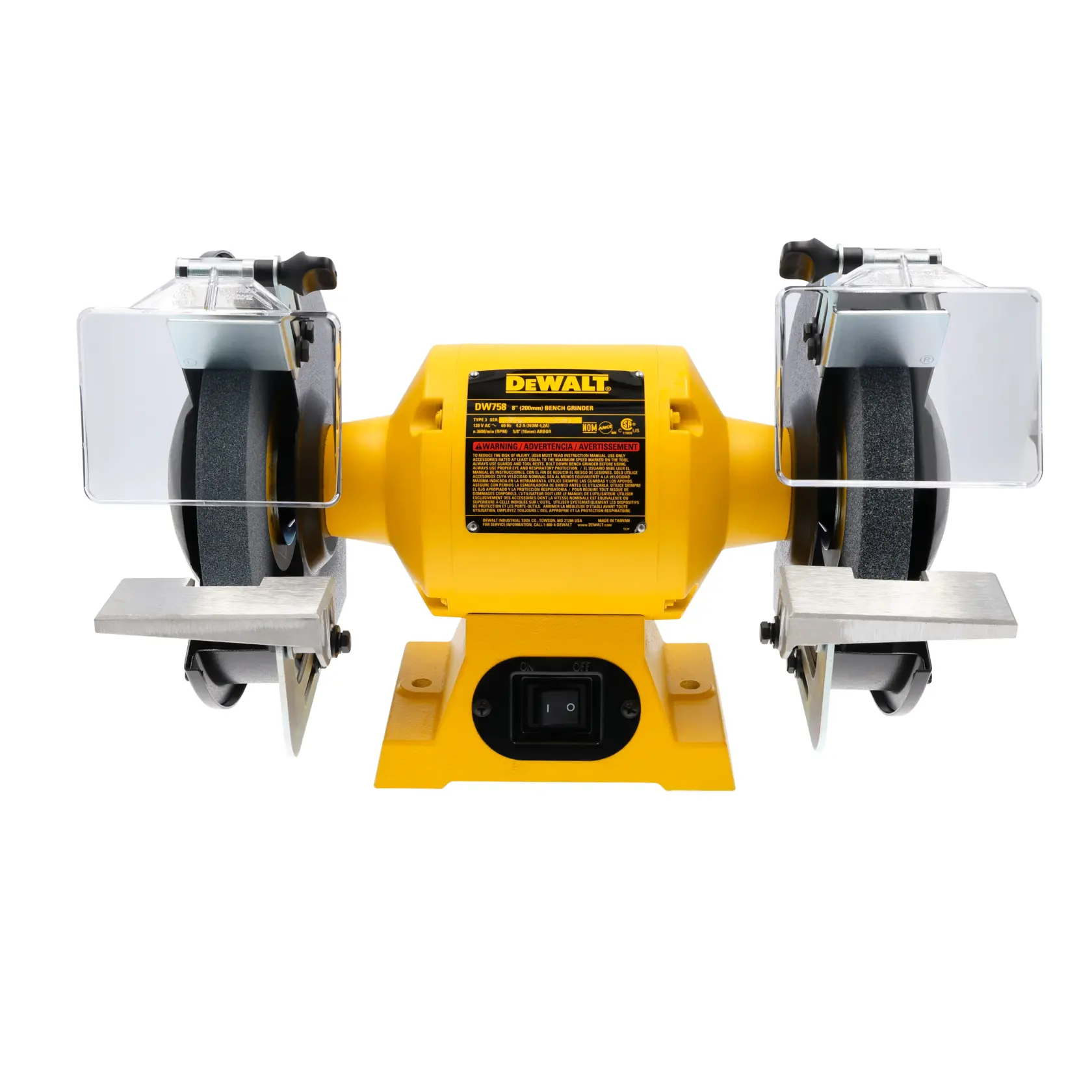 Una esmeriladora de banco DEWALT DW758 con base y carcasa del motor amarillas, dos ruedas abrasivas, soportes ajustables para herramientas y protectores transparentes de seguridad.