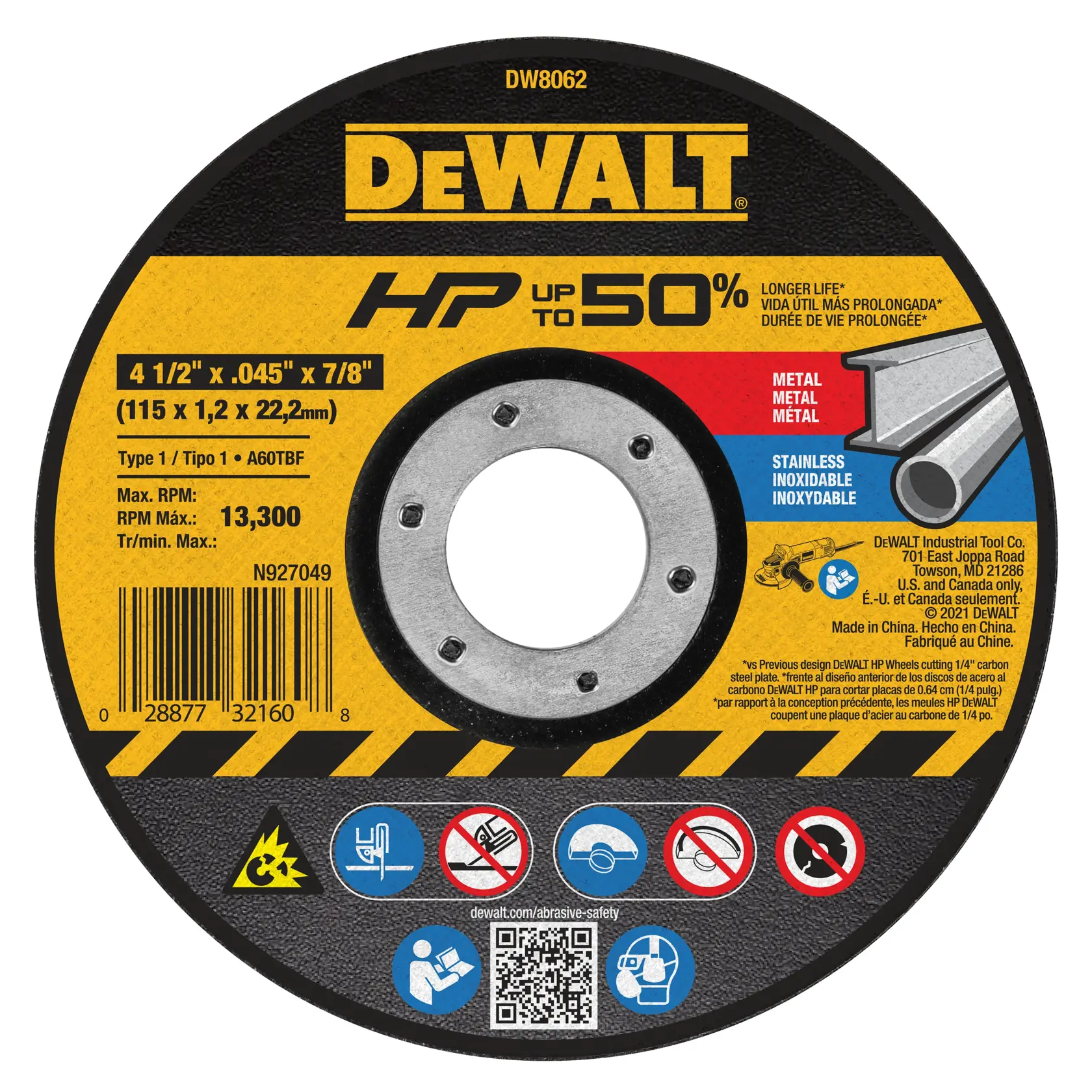 Disco de corte abrasivo DEWALT DW8062 para metal y acero inoxidable, 4 1/2 pulgadas x 0.045 pulgadas x 7/8 pulgadas (115 x 1,2 x 22,2 mm), serie HP. El disco muestra especificaciones del producto, iconos de seguridad y la marca amarilla y negra de DEWALT.
