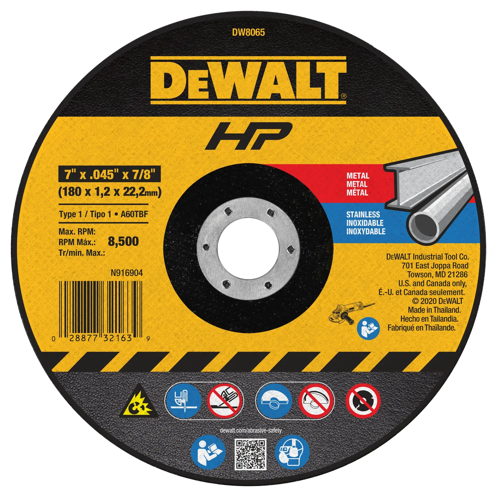 Una rueda abrasiva de corte DEWALT de 7 pulgadas, modelo DW8065, diseñada para cortar metal y acero inoxidable. La rueda presenta especificaciones del producto, iconos de seguridad, código de barras e información de fabricación, con bandas de color amarillo, rojo y azul.