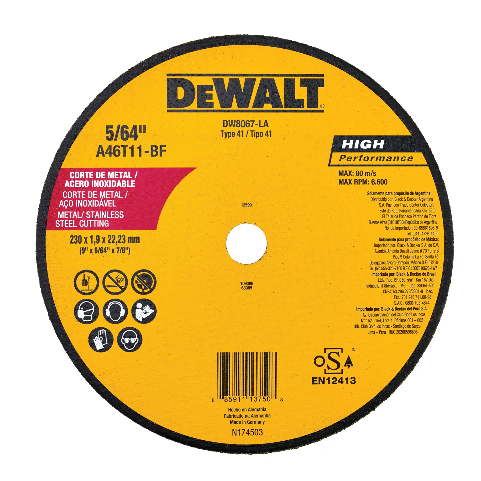 Un disco de corte para metal y acero inoxidable de la marca DEWALT con especificaciones impresas en su etiqueta amarilla. El disco está identificado como DW8067-LA, Tipo 41, 5/64 pulgadas (230 x 1,9 x 22,23 mm), e incluye información de rendimiento y seguridad.