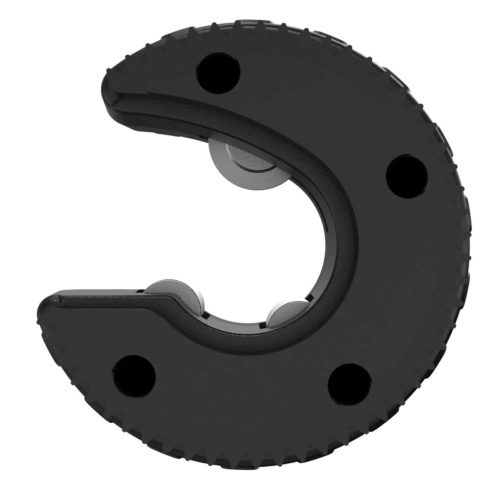 Imagem de close de uma lâmina de reposição preta DEWALT para cortador de tubos, mostrando o formato circular, a abertura e as rodas de corte de metal.