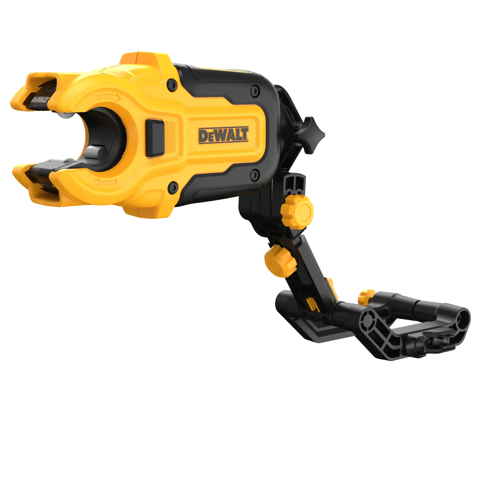 Imagen en primer plano de un adaptador de montaje para cámara con la marca DEWALT. El dispositivo es amarillo y negro, tiene perillas y abrazaderas ajustables, y está diseñado para sujetar cámaras o accesorios de forma segura.