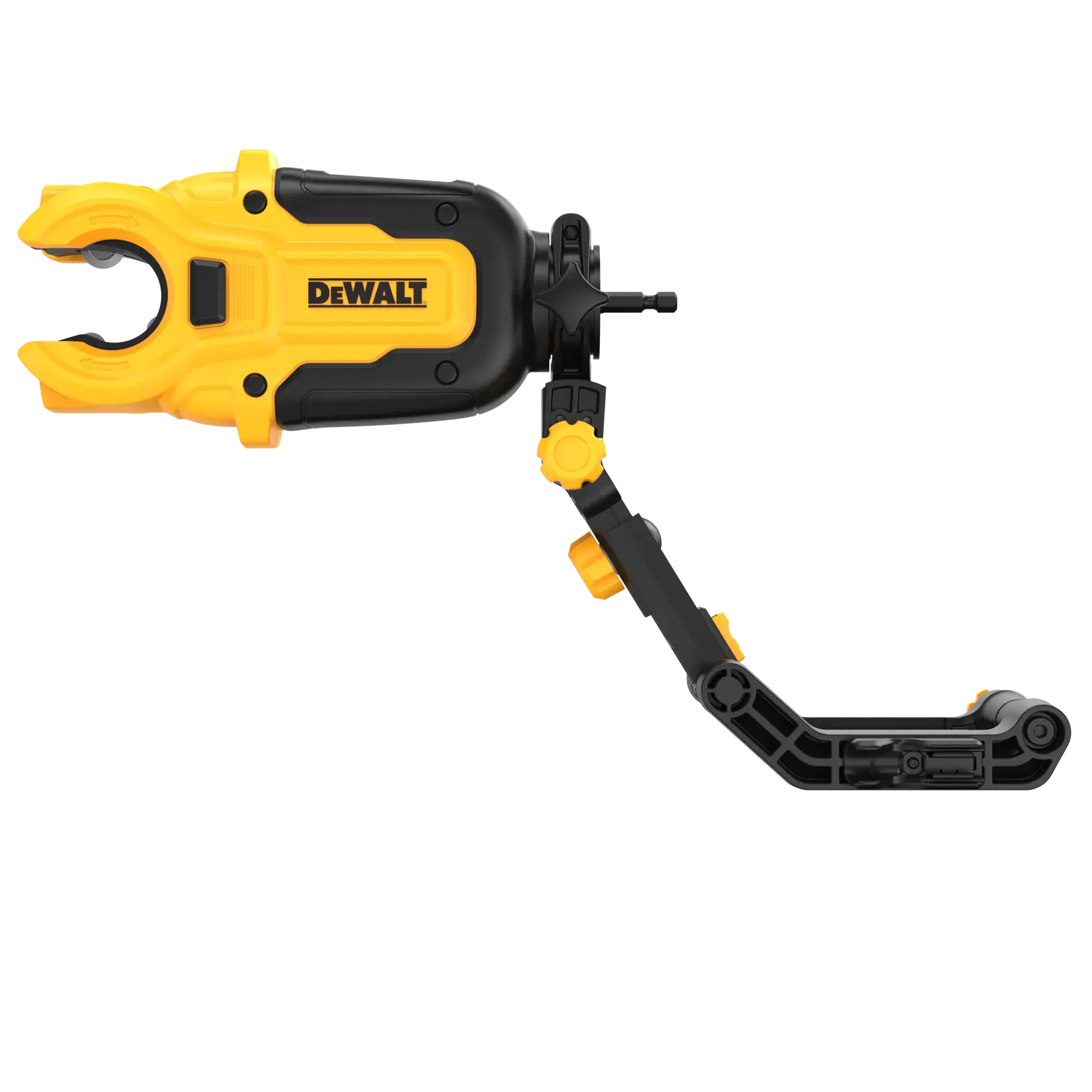Um grampo de fixação para fotografia da marca DEWALT, nas cores amarela e preta, com braço ajustável, projetado para prender e posicionar equipamentos.