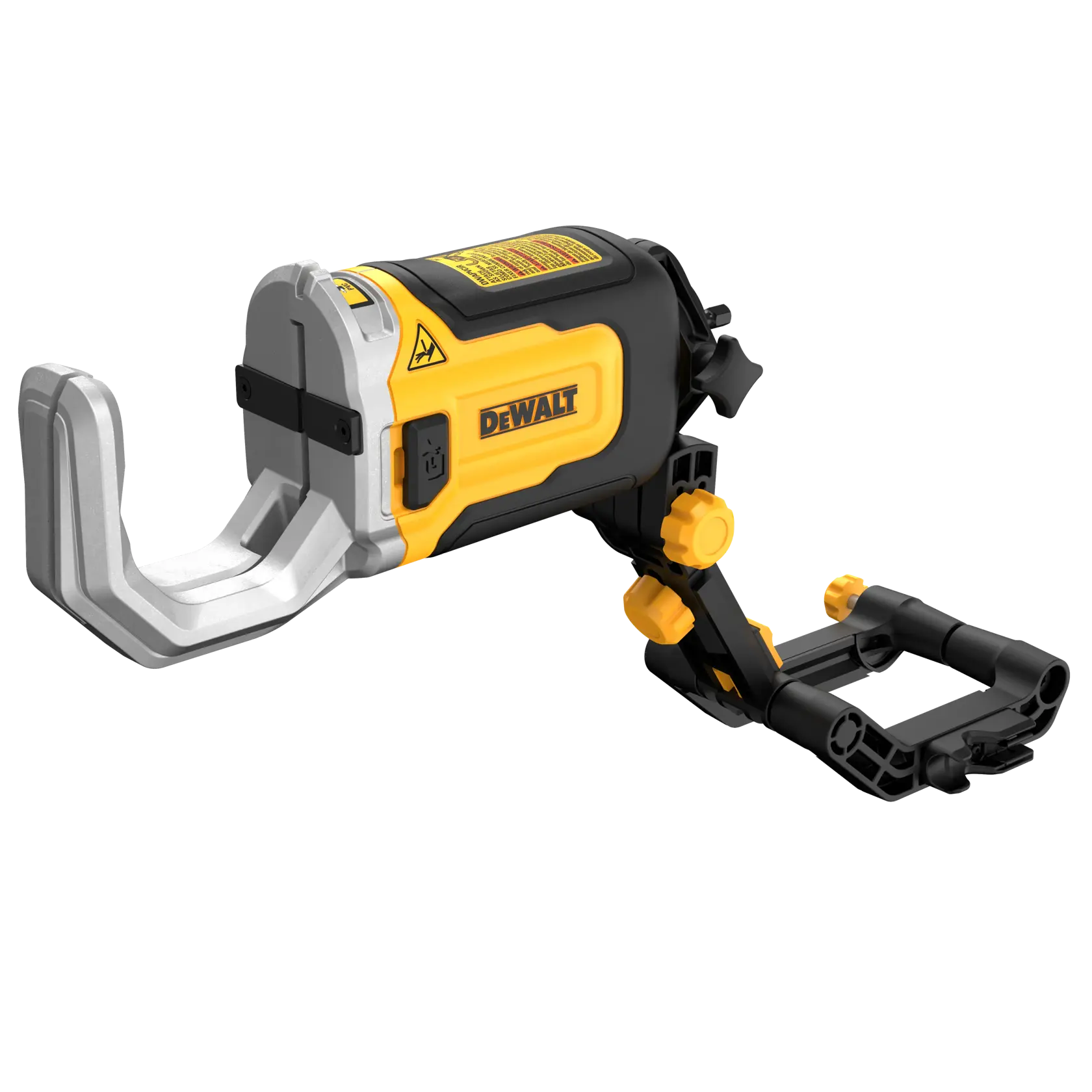 Cortador de tubo PVC DEWALT DWAPVCIR com braçadeira ajustável, preto e amarelo, fundo branco.