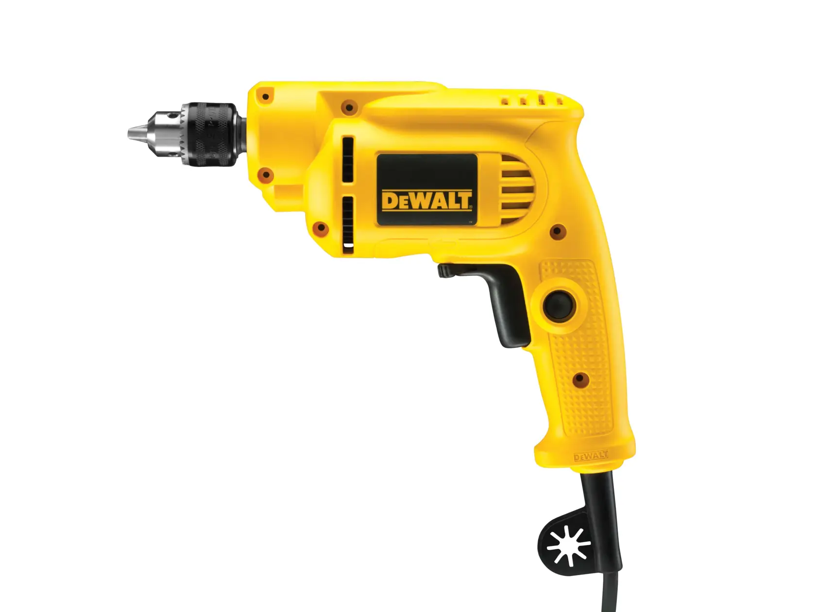 Un taladro eléctrico con cable amarillo DEWALT con gatillo y empuñadura negros, mostrado sobre fondo blanco.