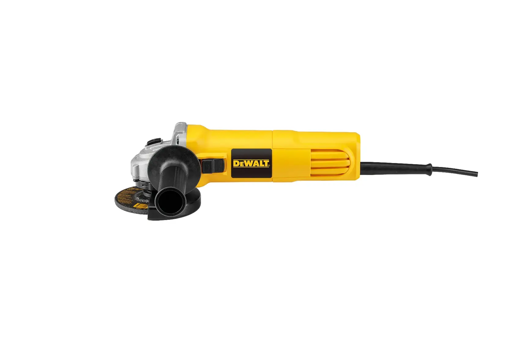 Una amoladora angular DEWALT amarilla y negra con empuñadura lateral y cable de alimentación, sobre fondo blanco.