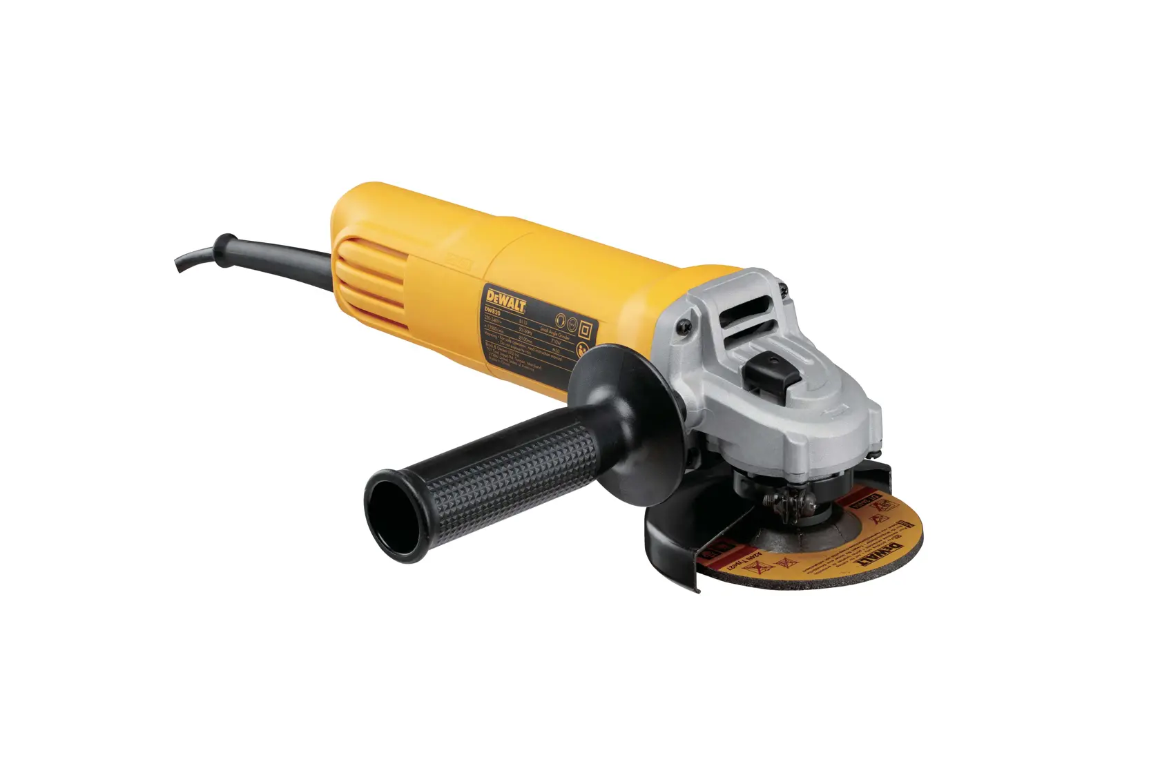 Amoladora angular DEWALT amarilla y negra con mango lateral y cable de alimentación, sobre fondo blanco.