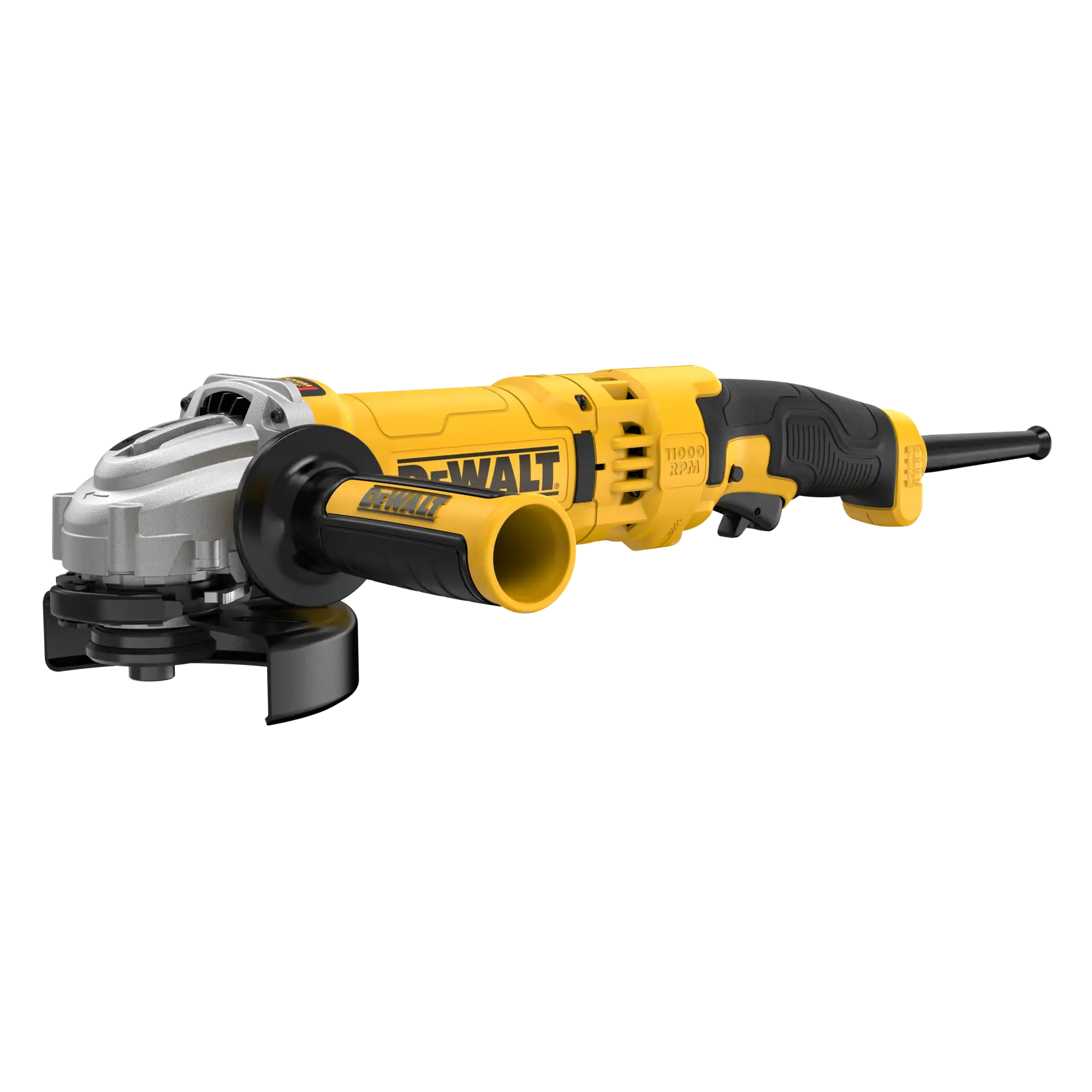 Amoladora angular amarilla DEWALT con mango negro y cable, mostrada sobre fondo blanco.