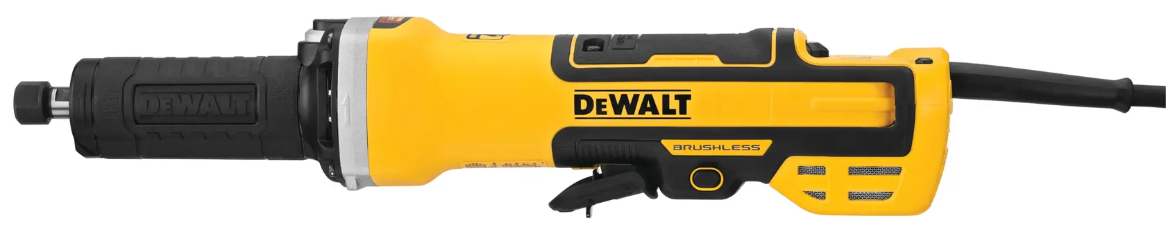 Una amoladora eléctrica DEWALT con cuerpo amarillo y negro, diseño con cable, motor sin escobillas y empuñadura ergonómica, mostrada sobre fondo blanco.