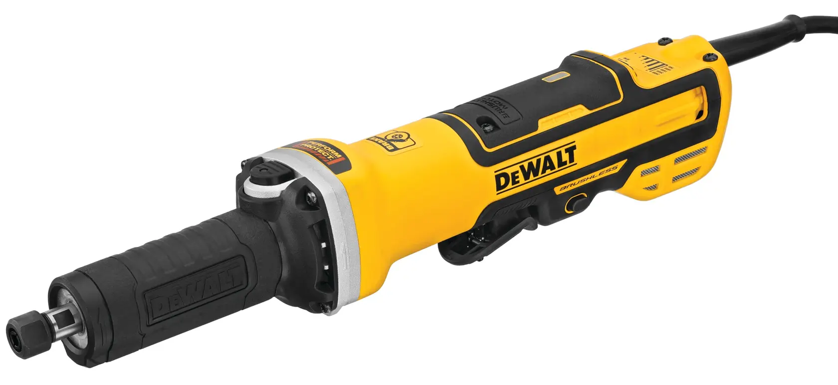 Una amoladora eléctrica DEWALT con carcasa amarilla y negra, vista desde un ángulo lateral sobre un fondo blanco.