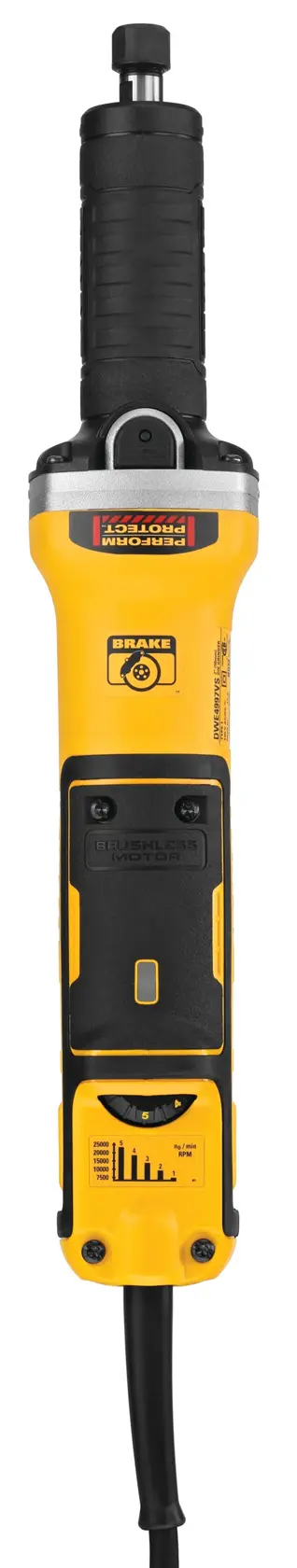 Una amoladora eléctrica de matriz DEWALT de color amarillo y negro con motor sin escobillas, mostrada verticalmente sobre un fondo blanco.