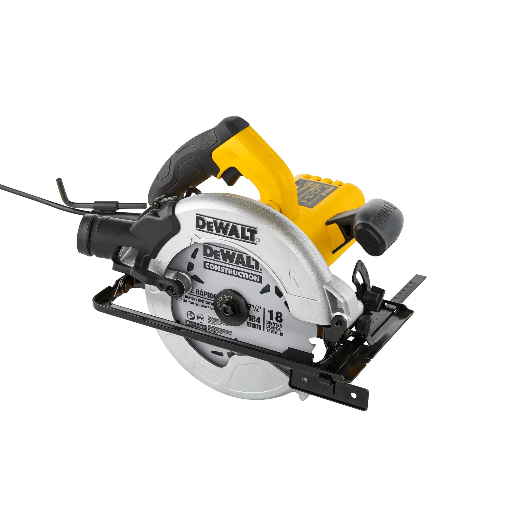 Una sierra circular eléctrica DEWALT DWE5615 con mango amarillo y negro, protector de hoja plateado y una hoja circular visible. La sierra está diseñada para tareas de construcción y carpintería.