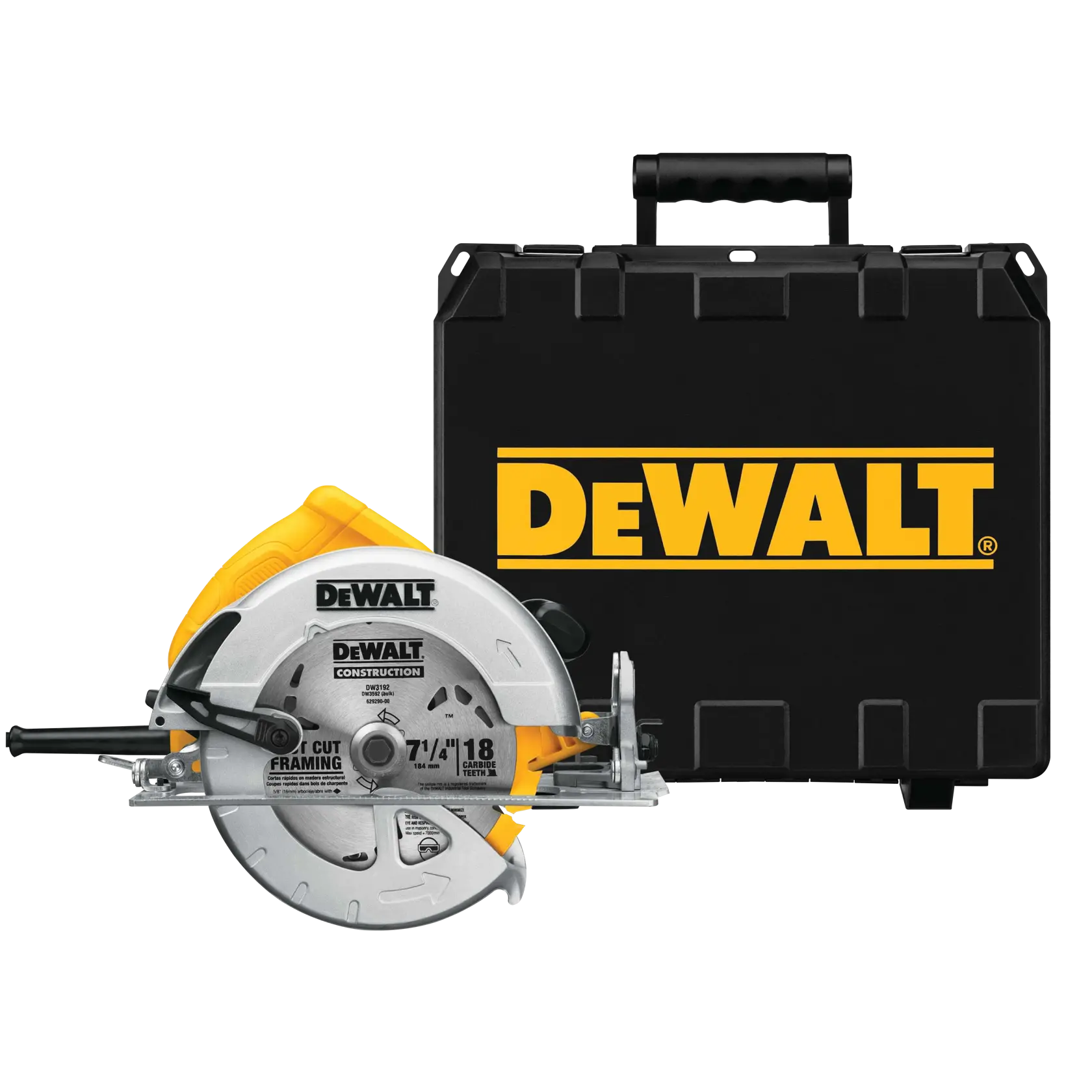 DEWALT sierra circular y maletín, ambos con logo DEWALT en fondo blanco.