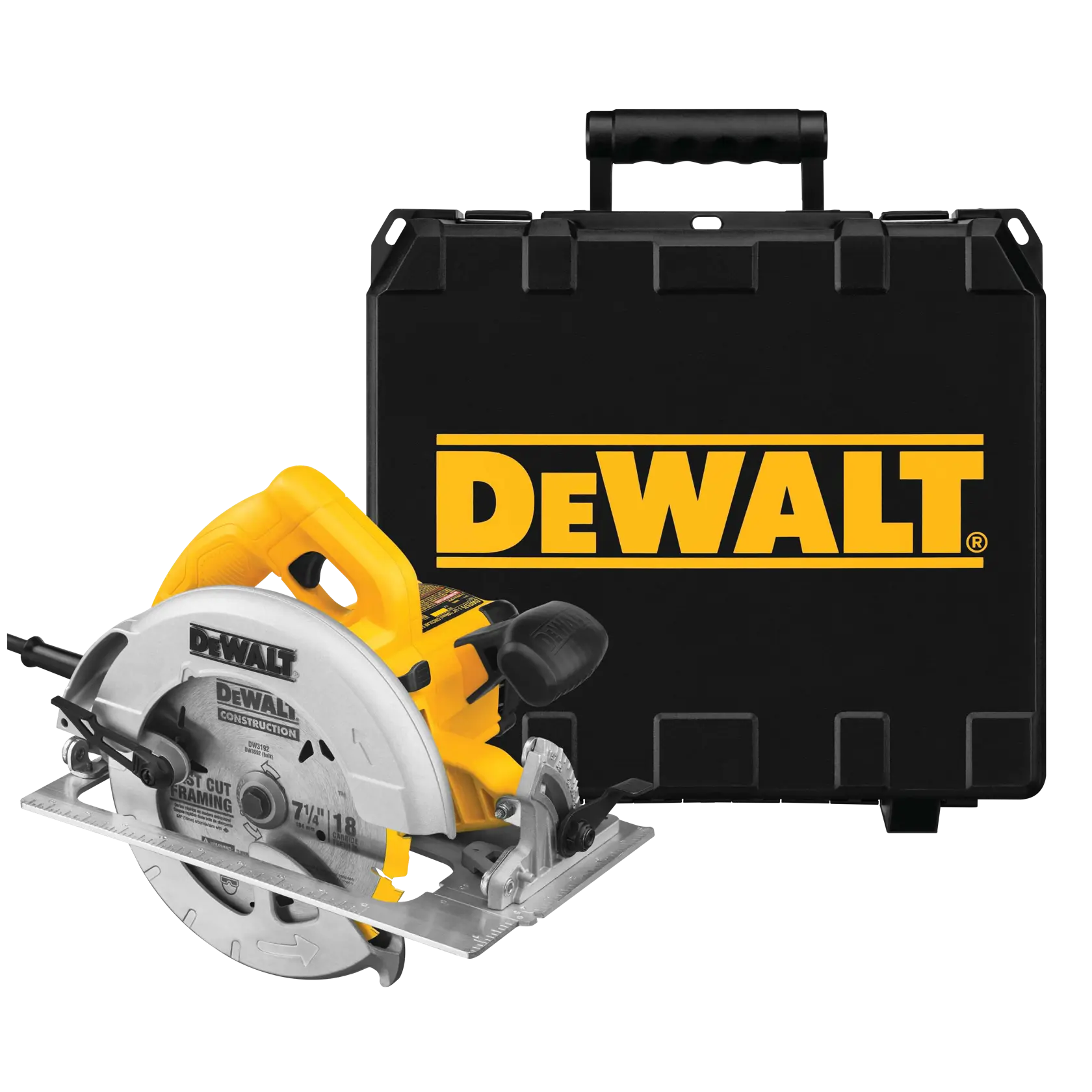 Sierra circular DEWALT con estuche. Herramienta amarilla y plateada, estuche negro con logo DEWALT.