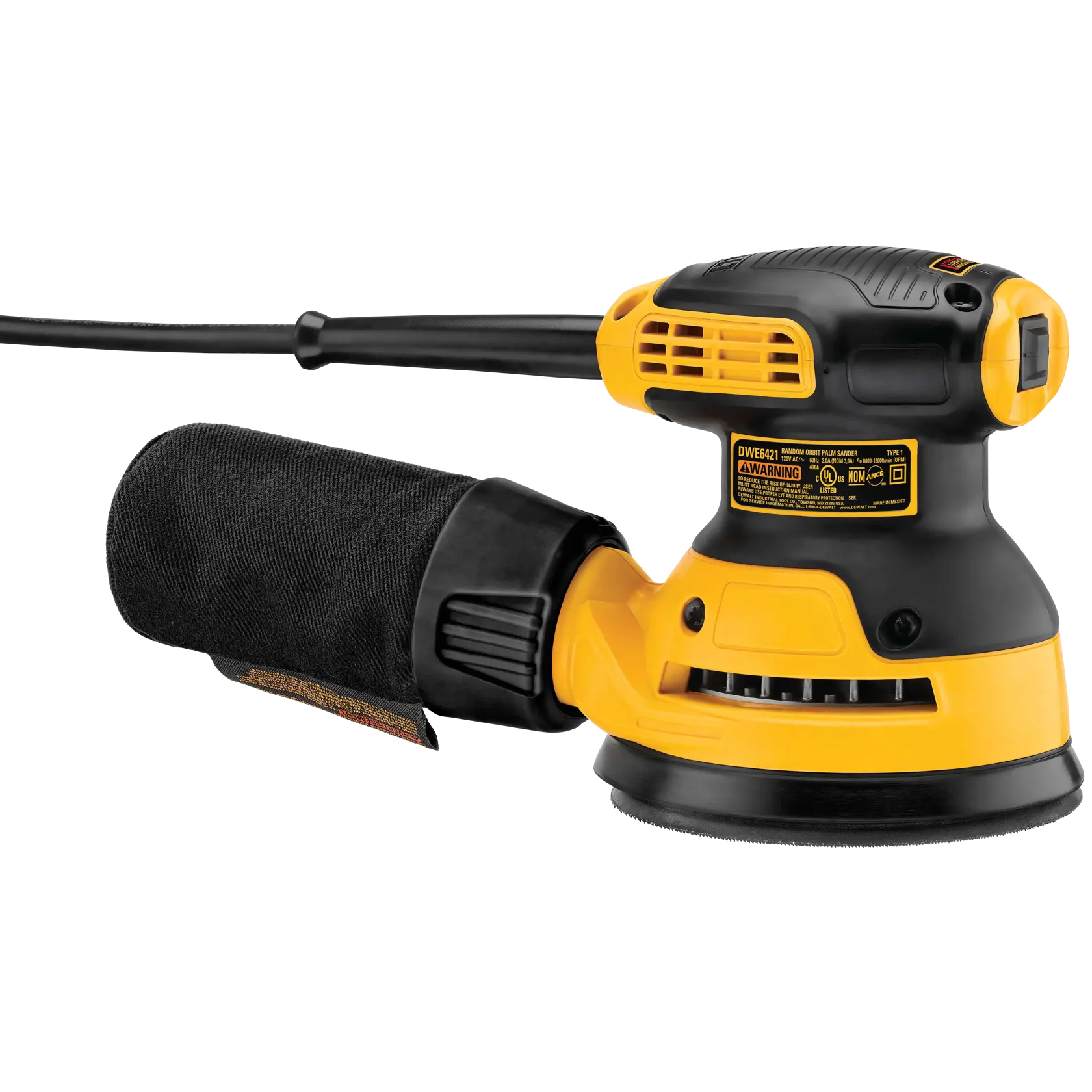 Una lijadora orbital eléctrica DEWALT DWE6421 en color amarillo y negro con bolsa para polvo adjunta, mostrada sobre un fondo blanco.