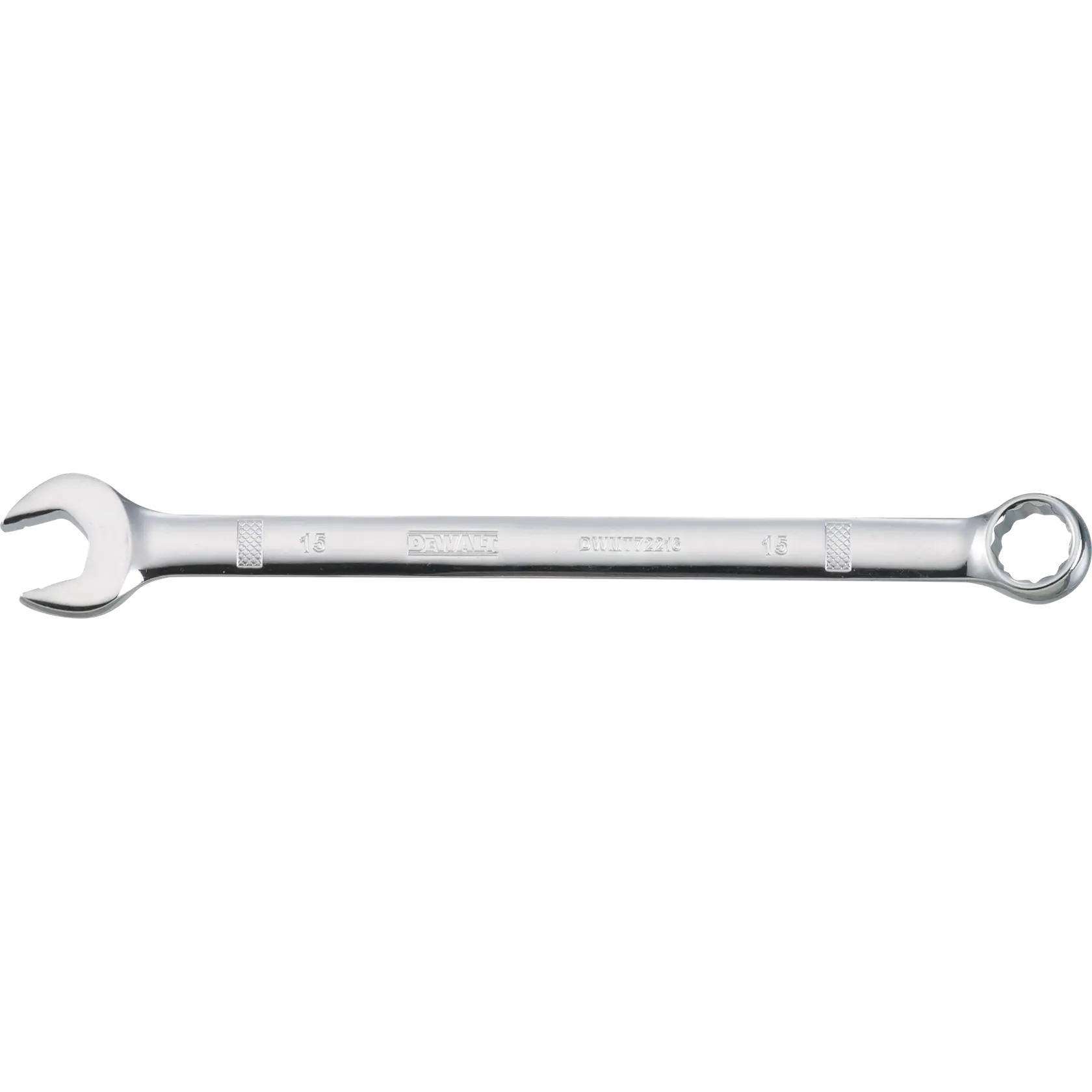 A DEWALT combination wrench with an open-end and a box-end, made of polished metal, shown against a white background.