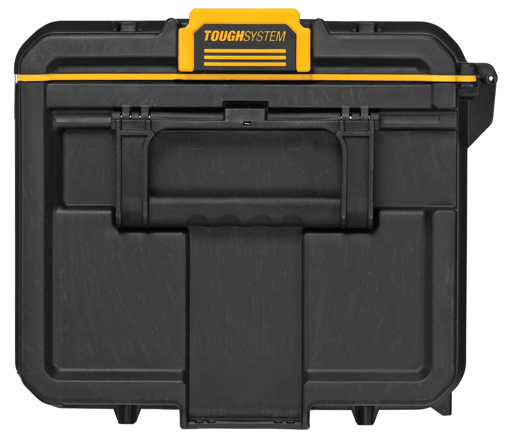 Vista frontal de una caja de almacenamiento de herramientas DEWALT ToughSystem negra con cierre y asa amarillos.