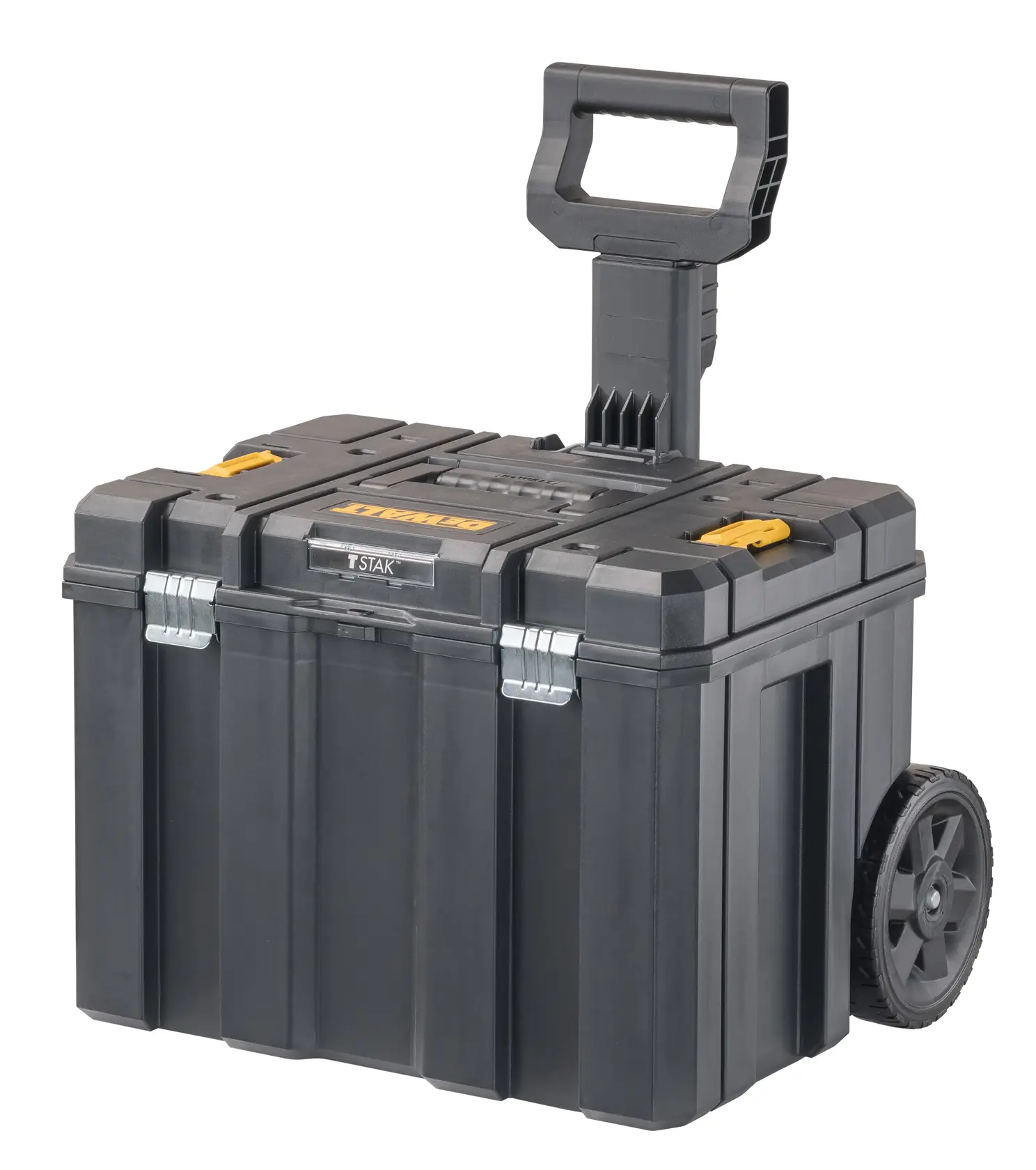 Caja de herramientas DEWALT negra con asa retráctil y dos ruedas, diseñada para transportar fácilmente y almacenar de forma resistente herramientas y equipos.