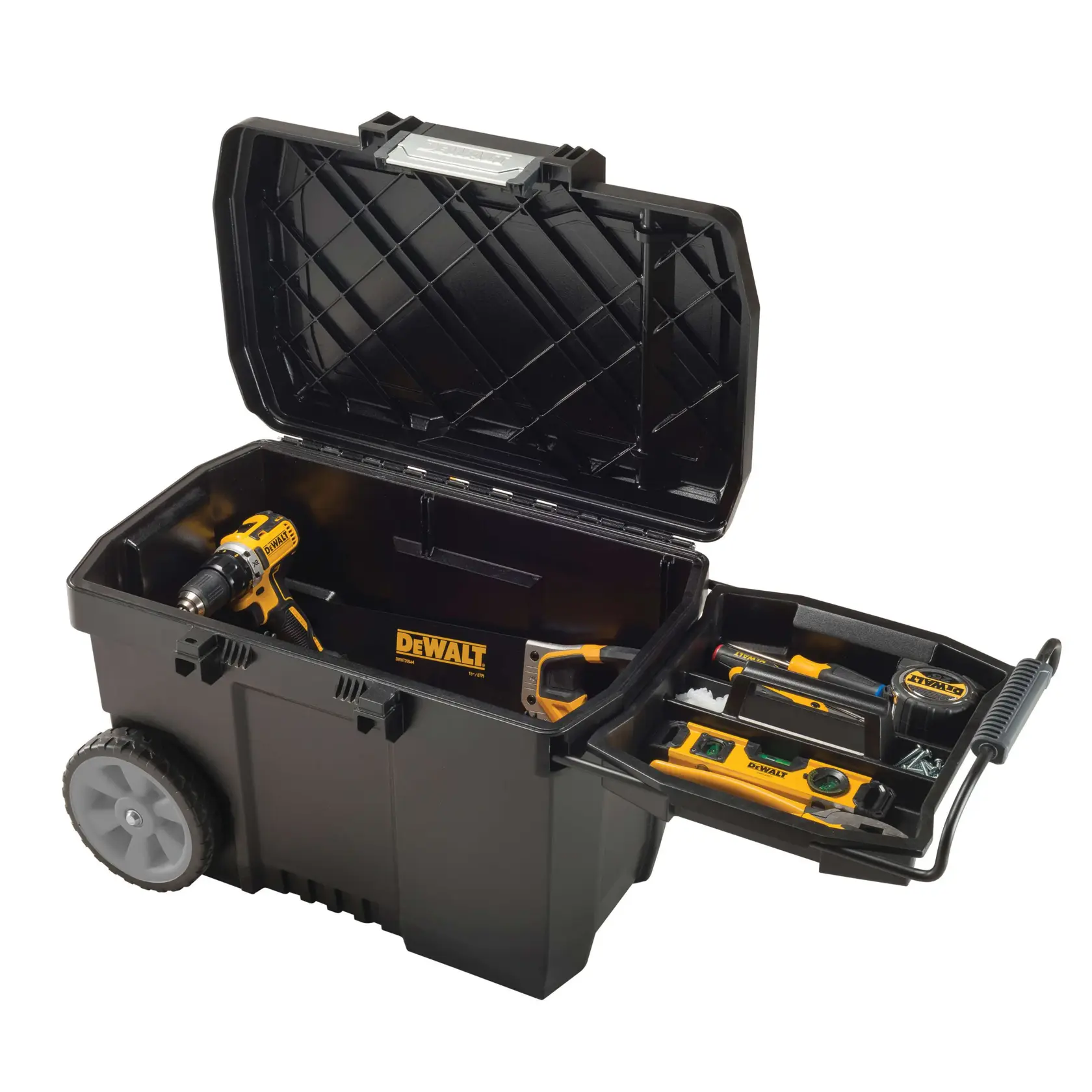 Caja de herramientas DEWALT negra con ruedas y tapa abierta, que contiene varias herramientas DEWALT como un taladro, una sierra, un nivel y otras herramientas pequeñas organizadas en una bandeja extraíble.