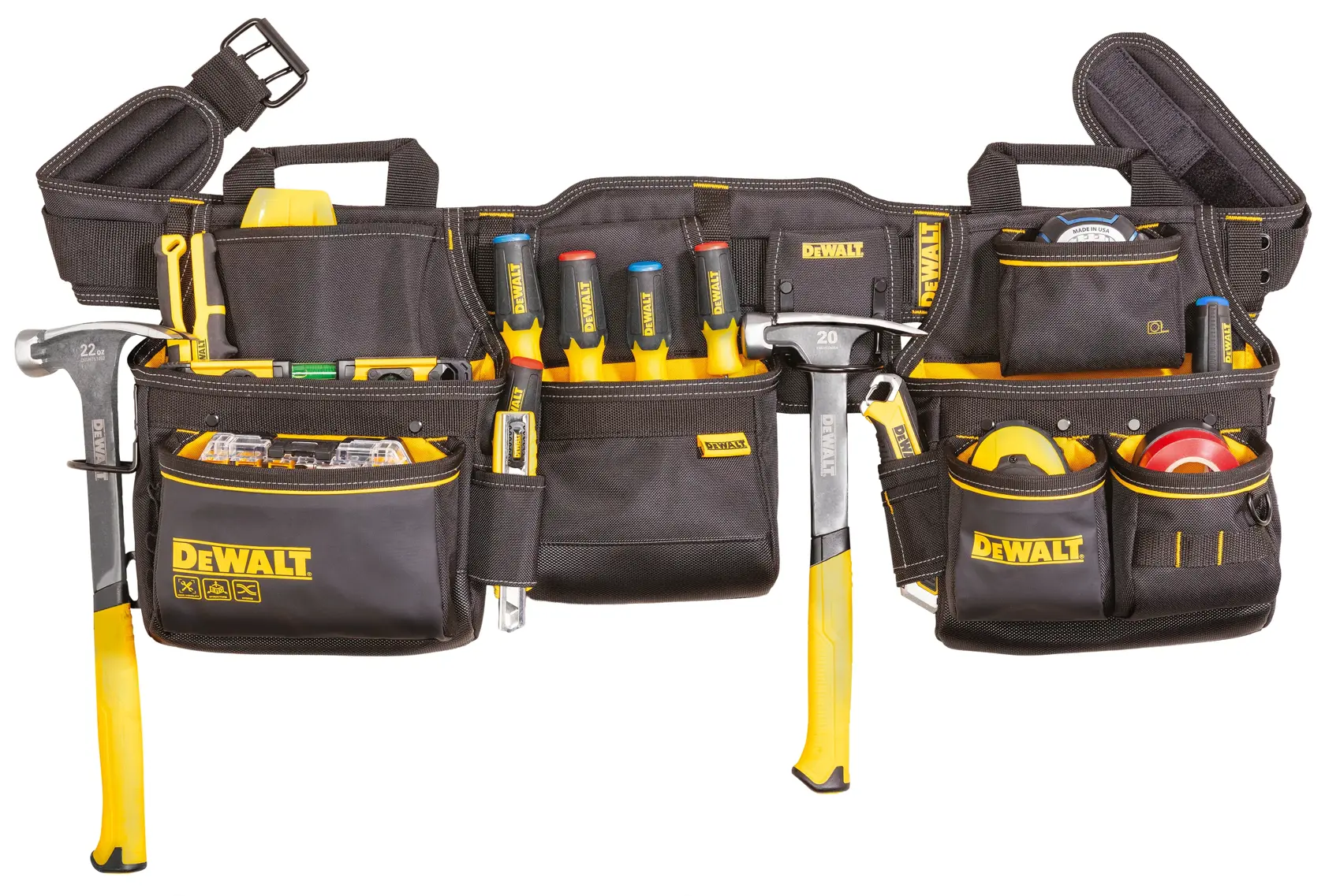 DEWALT tool belt with multiple pockets and tools, including screwdrivers, tape, and hammers, organized for easy access.