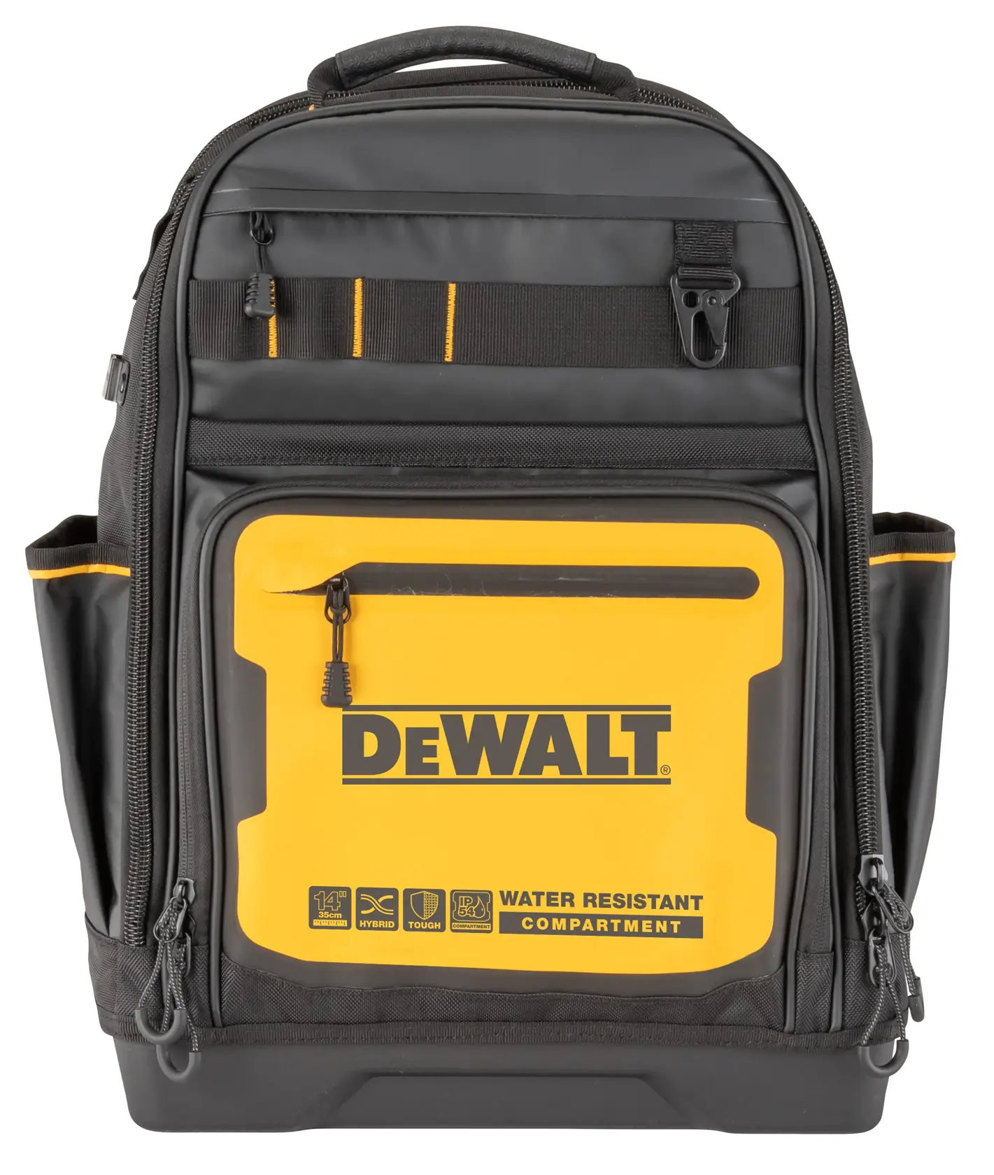 Mochila DEWALT preta e amarela com vários compartimentos, bolsos laterais e um compartimento frontal resistente à água. A frente exibe o logotipo DEWALT e ícones para híbrido, touch e dispositivo de 14 polegadas, destacando durabilidade e funcionalidade.