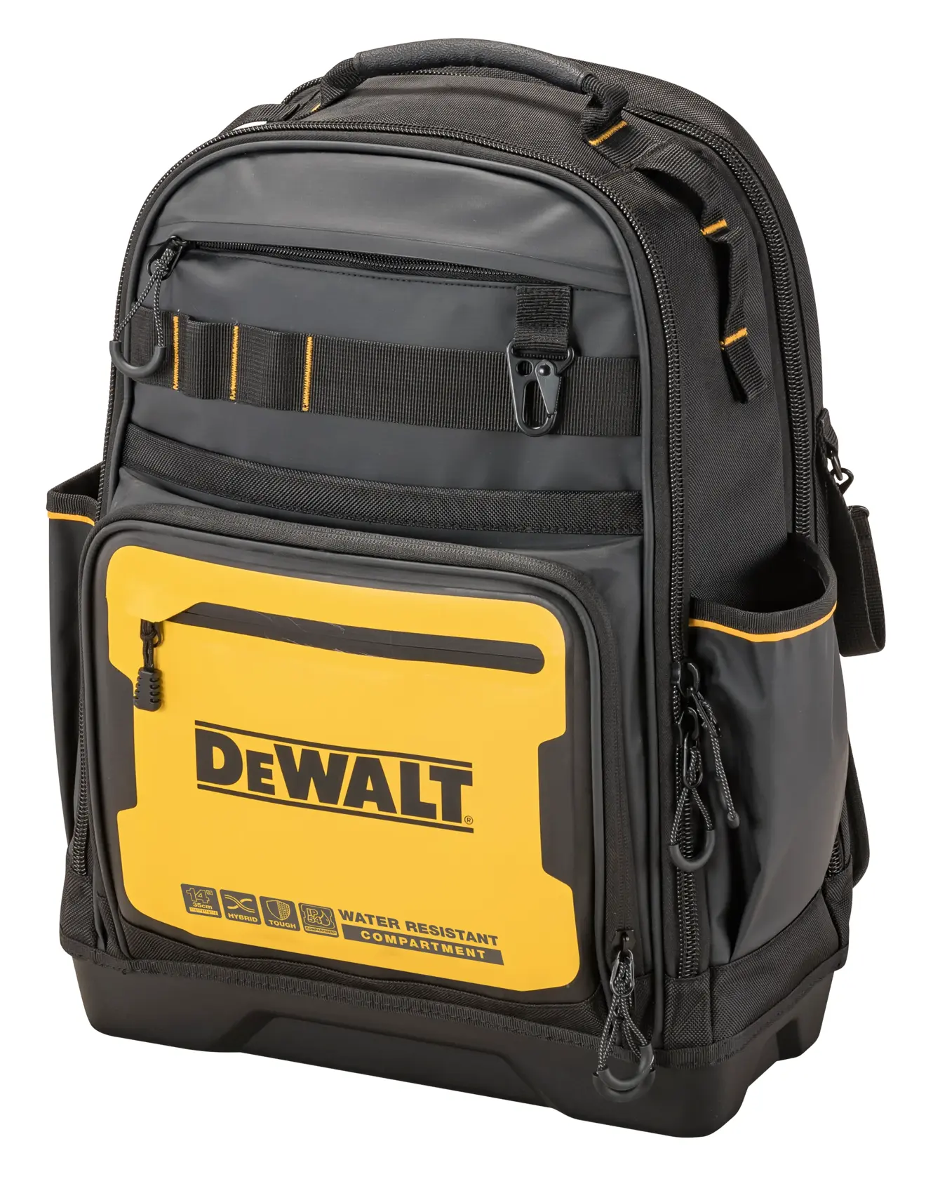 Mochila de ferramentas DEWALT preta e amarela com vários compartimentos com zíper, incluindo um compartimento frontal resistente à água e organizadores para ferramentas.