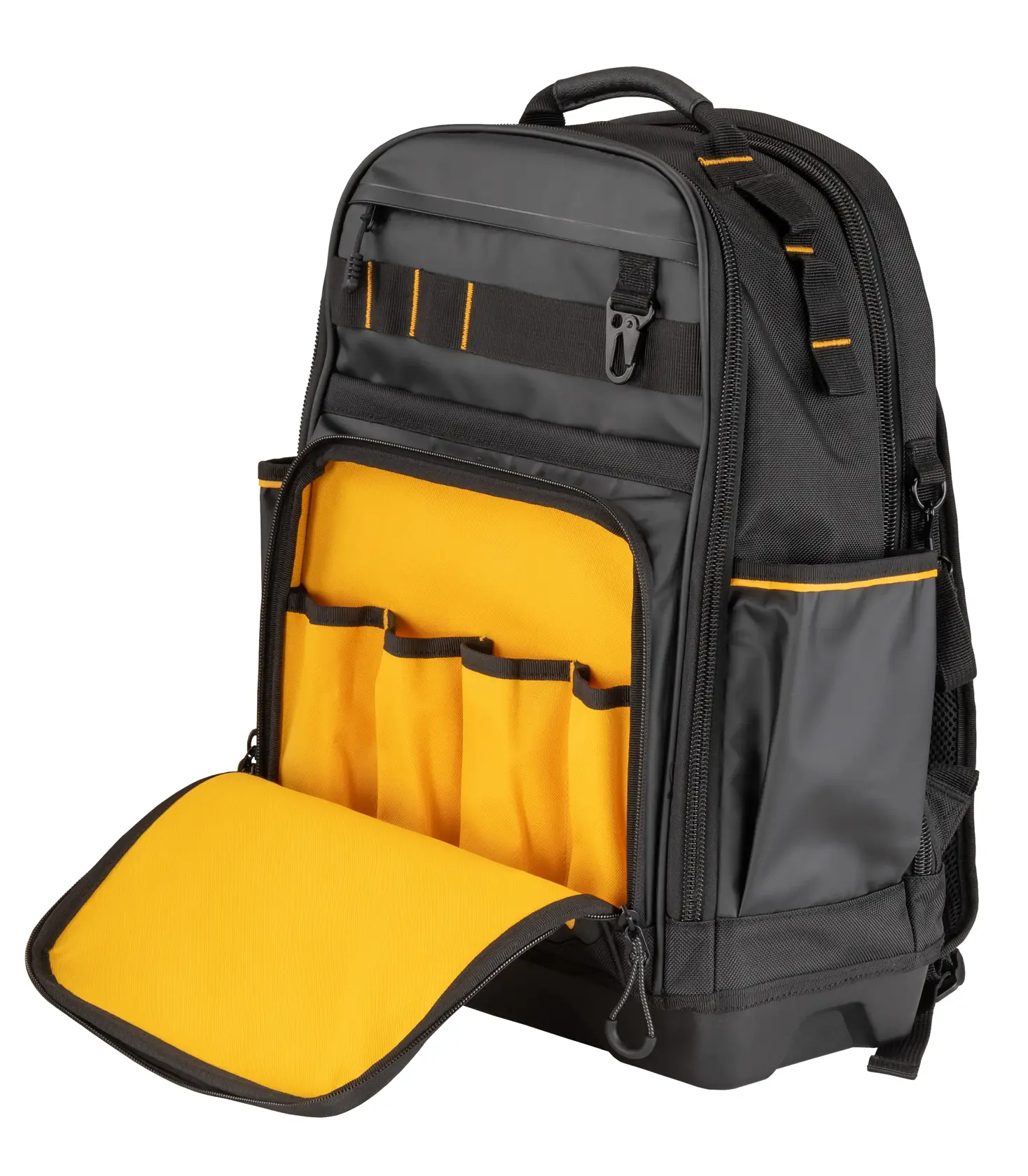 Mochila DEWALT preta e amarela com vários compartimentos e bolsos, incluindo uma seção frontal aberta mostrando suportes para ferramentas dentro.