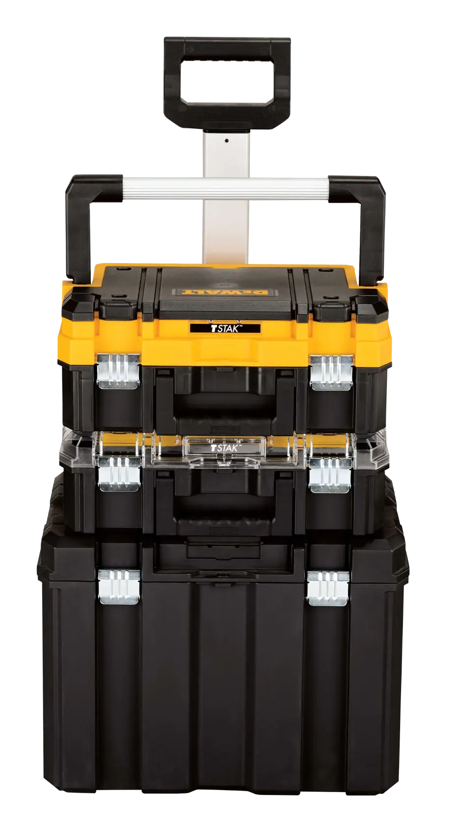 Sistema de caixa de ferramentas DEWALT empilhável preto e amarelo, com três compartimentos de armazenamento e alça telescópica.