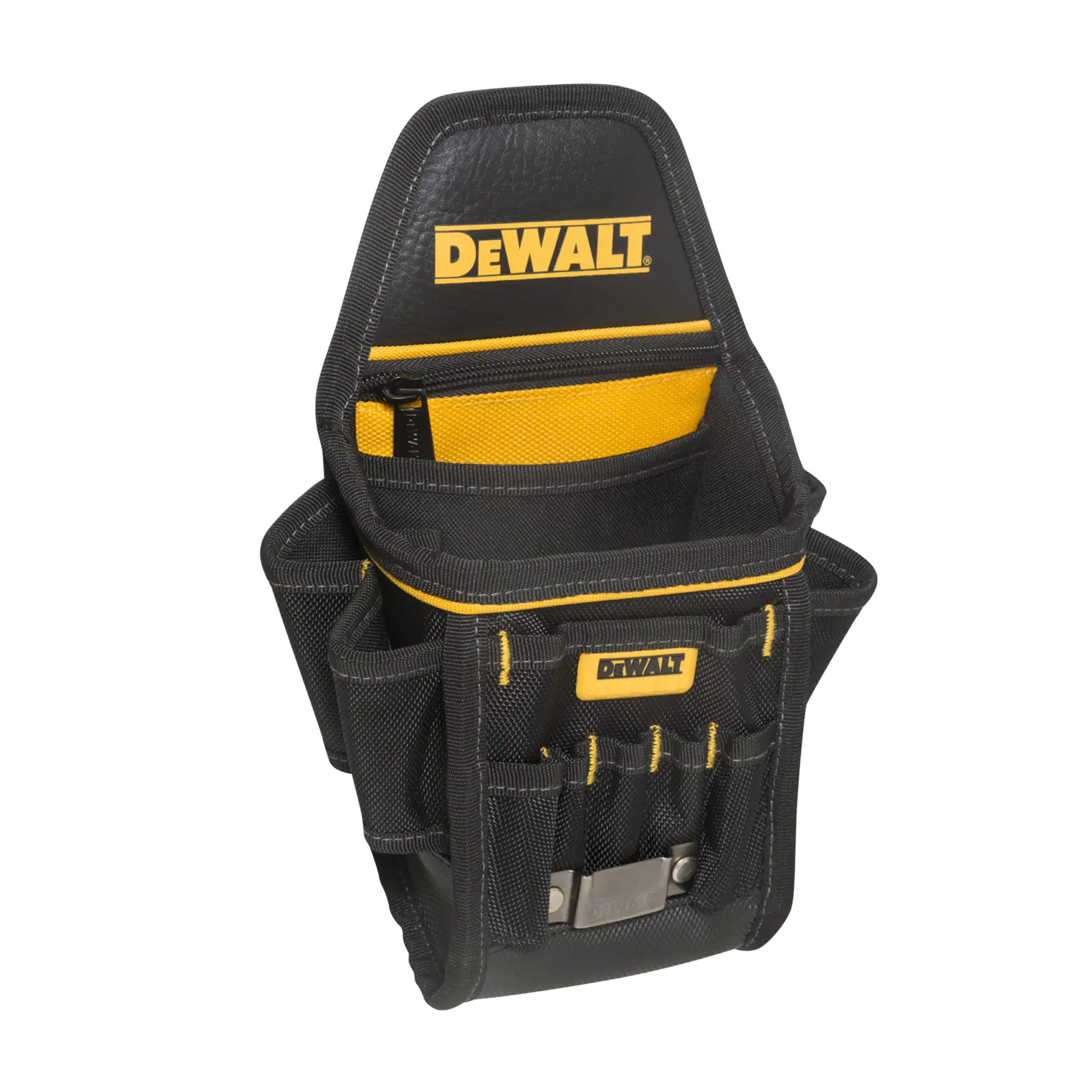 Bolsa de ferramentas preta e amarela DEWALT com vários compartimentos e bolsos, projetada para transportar ferramentas e acessórios.