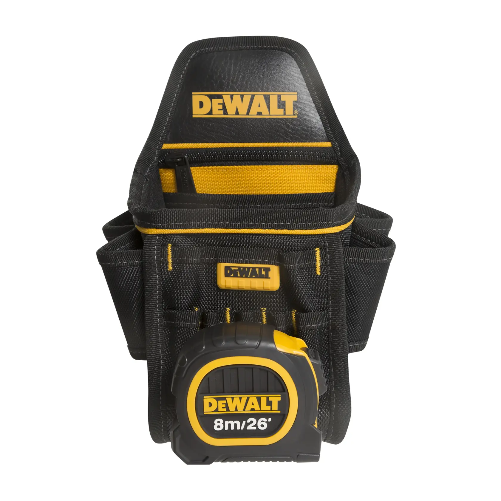 Uma bolsa de ferramentas preta e amarela da marca DEWALT com vários bolsos, incluindo um bolso com zíper e uma trena DEWALT de 8m/26ft anexada à parte frontal.