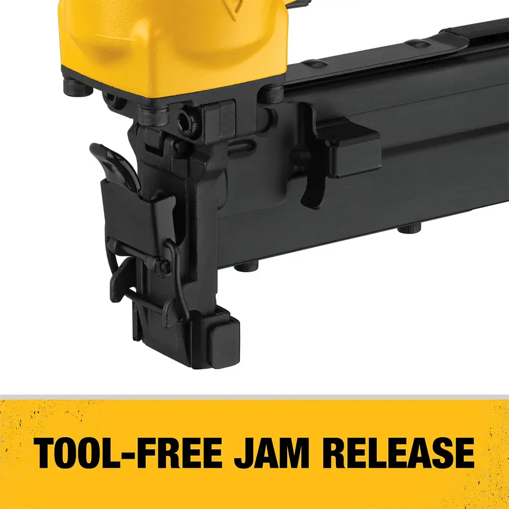 Close-up of a DEWALT tool showing a mechanism for tool-free jam release. Below the tool is a yellow banner with the text 'TOOL-FREE JAM RELEASE'.