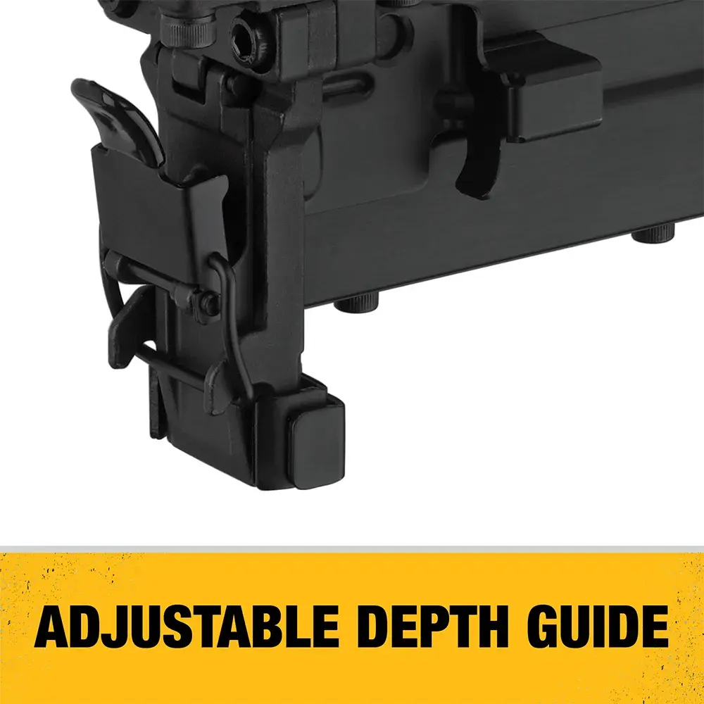 Close-up of a DEWALT tool part showing an adjustable depth guide feature, with a yellow label that reads 'ADJUSTABLE DEPTH GUIDE'.