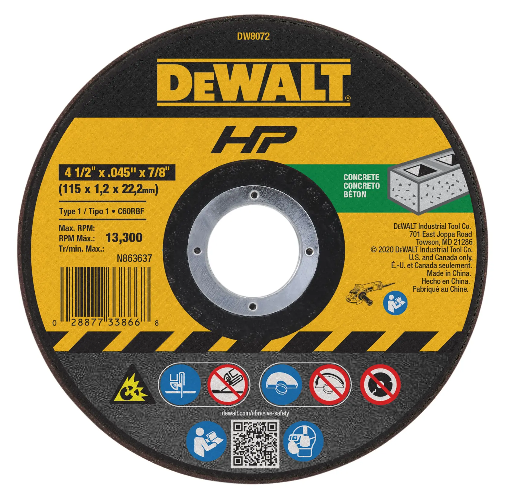 A DEWALT HP branded abrasive cutting disc, model DW8072, designed for concrete. The disc is 4-1/2 inches in diameter, 0.045 inches thick, and has a 7/8-inch arbor hole. The maximum RPM is 13,300. Illustrated safety icons are shown around the bottom, and product information is displayed in both English and Spanish.